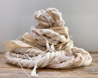 custard fiber effects™  art yarn bundle 11x2= 22yds winter white cream ecru beige mixed media fringe weaving textile trims neutral yarn pack