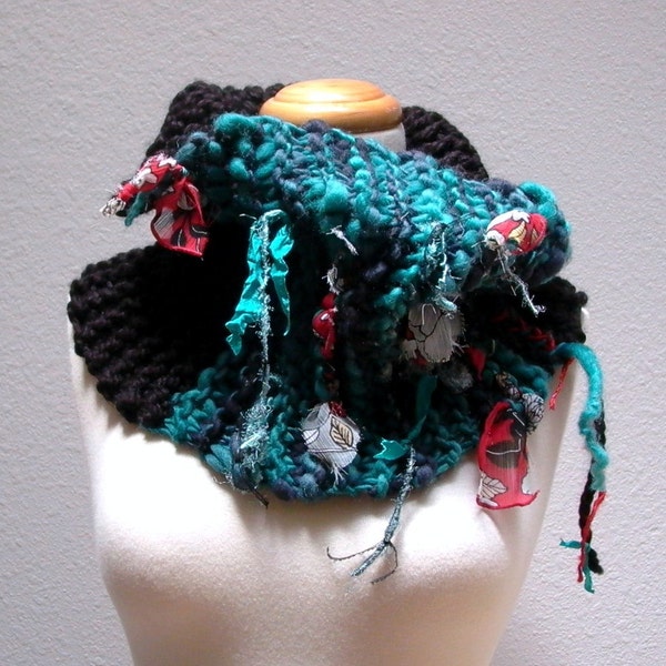 jade empress. bohemian cowl scarf chunky knit art yarn neck warmer . handspun wool recycled sari silk tattered chiffon . black teal red