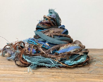 cliffside fiber effects™ 12x2= 24yds art yarn ribbon bundle . turquoise blue brown tan fringe yarn pack weaving needlework craft kit