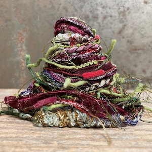 mulberry bush fiber effects™  12yd= 2x6 specialty art yarn bundle  . moss olive green berry wine . knit crochet weave junk journal tassels