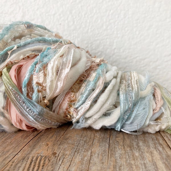 a shore thing xl fiber effects™ 30yd art yarn bundle . blush cream blue shabby beach chic mixed media fibers craft kit . weavers yarn pack