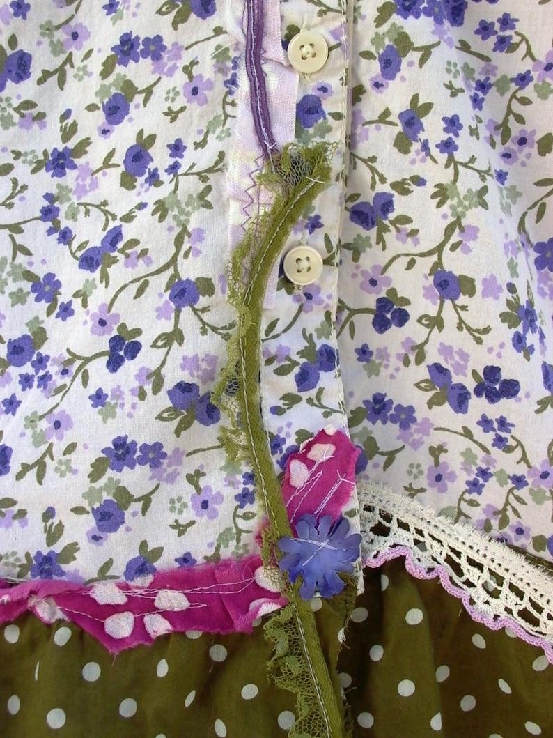 tattered lace boho prairie shabby lagenlook chic eco altered upcycled shirt womens reconstructed vintage floral blouse m olive branch