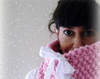 big flirt. handknit pink cowl . chunky knit cowl neck warmer . pink lace corset cowl . shabby chic fairy kei warm winter cowl