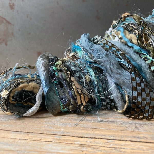 neptune fringe effects™ 18x1= 18yd art yarn bundle . mixed media yarn pack weaving fiber craft kit . slate gray aqua blue tan gold