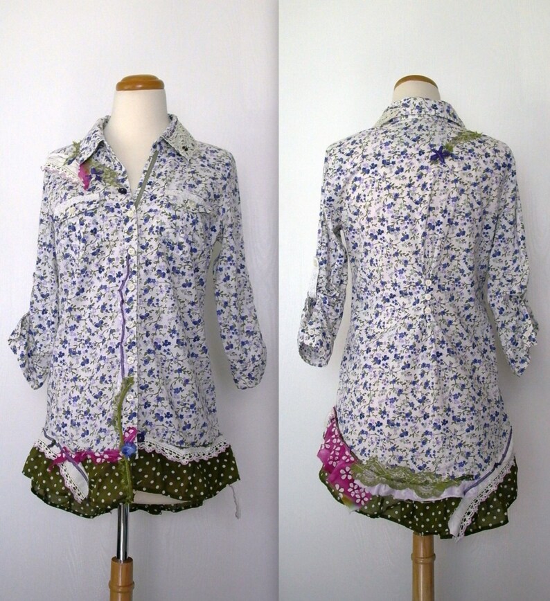 tattered lace boho prairie shabby lagenlook chic eco altered upcycled shirt womens reconstructed vintage floral blouse m olive branch