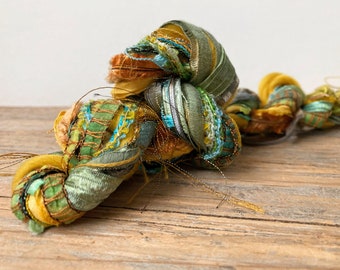 chameleon fiber effects™ 12x2= 24yds art yarn bundle . turquoise mustard green fringe yarn pack weaving craft kit . ribbons wool sari silk