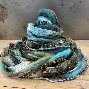 May include: A coiled bundle of assorted ribbons and yarn in shades of teal, turquoise, and metallic bronze. The collection features various textures including fuzzy wool, shimmering metallic strips, and thin decorative trim with loose threads.