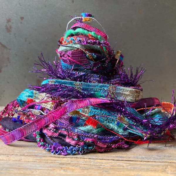 wildflowers fringe effects™  art yarn bundle 21yds luxury fibers ribbons . pink purple teal sparkle yarn pack . tassel making mini weaving