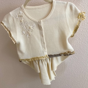 freya. womens small cropped vintage beaded cardigan . tattered reconstructed altered upcycled clothing. romantic shabby boho chic sweater