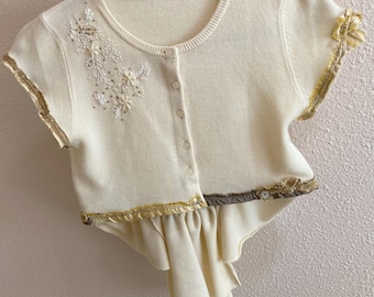freya. womens small cropped vintage beaded cardigan . tattered reconstructed altered upcycled clothing. romantic shabby boho chic sweater