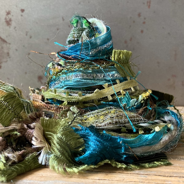 treehouse fringe effects™  21x1= 21yds specialty art yarns ribbons fiber bundle . turquoise teal olive green blue brown