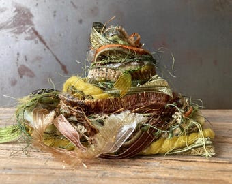 mustard greens fringe effects™  21x1= 21yd art yarns ribbons fiber bundle . olive chartreuse green copper gold yellow yarn sample pack