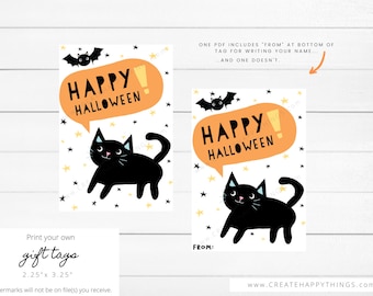 Happy Halloween Cat with Bat Rectangle Printable Tags for Cookies & Gifts 2.25in x 3.25in