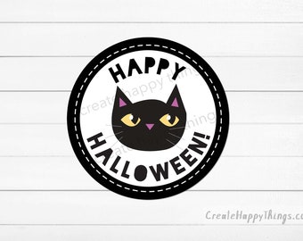 Happy Halloween Cat 2 inch Circle Printable Tags for Cookies & Gifts