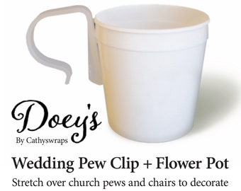 Doey's Pew Clip Wedding Flower Pot Vase Attach Wedding Ceremony Flowers to Church Pew - Set of 12 White Plastic Pots + 12 Pew Clips