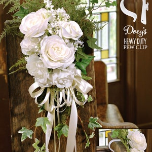 How to secure a variety of wedding flowers and bows to Doeys Heavy Duty Pew Clips with pipe cleaners, rubber bands, twine and ribbon easliy and quickly