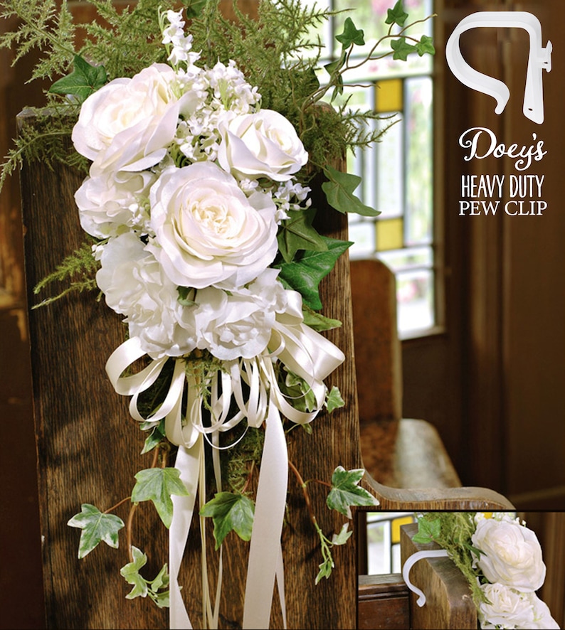 How to secure a variety of wedding flowers and bows to Doeys Heavy Duty Pew Clips with pipe cleaners, rubber bands, twine and ribbon easliy and quickly