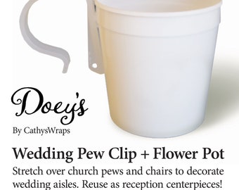 Doey's Pew Clip Wedding Flower Pot Vase - Attach Wedding Ceremony Flowers to Church Pew - Set of 12 White Plastic Pots & Pew Clips