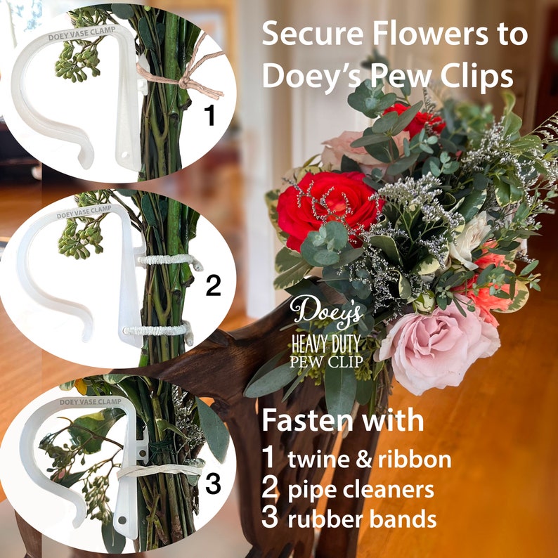 Decorate your wedding aisle by securing flowers and bows to church pews with Doey's Heavy Duty Pew Clips. Attach own and flowers with  pipe cleaners, rubber bands, twine and ribbon easily and quickly