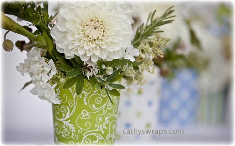 6 Serenity Blue VASES for Tea Party, Baby, Bridal, Shower, Baptism Centerpieces. Polka Dot & Damask Flower Pots. Table Decorations Favors image 2