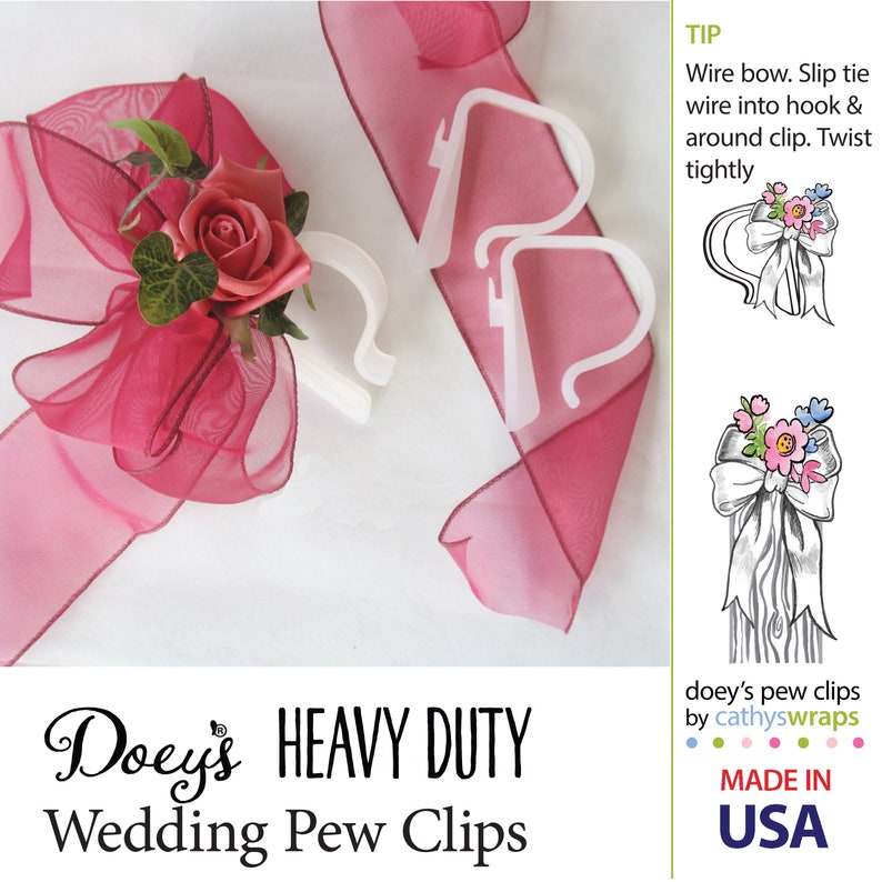 Doey's HEAVY DUTY Pew Clips attach Wedding Aisle Pew Decorations on Pews, Chairs, Tables bows, tulle, aisle markers, Flowers 12 Pew Hooks image 5