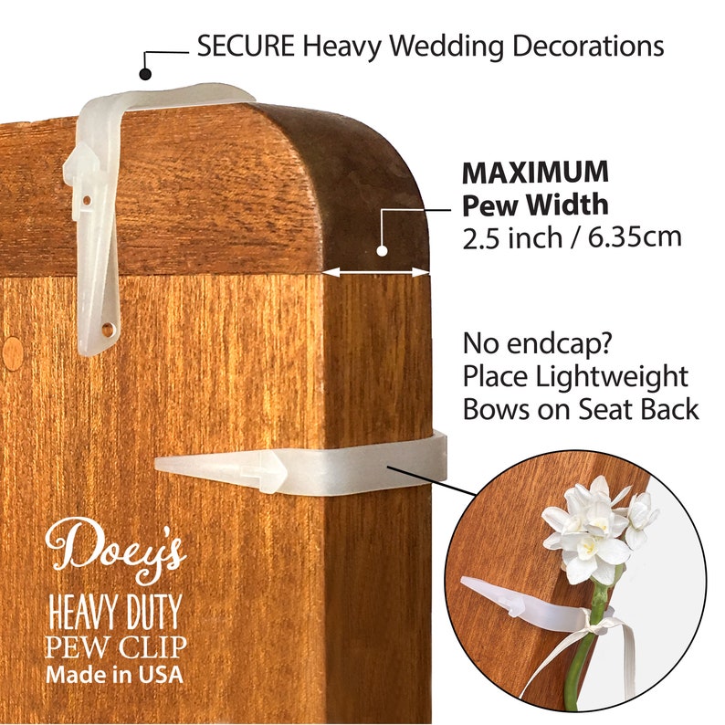 Secure a variety of wedding flowers and bows to Doey's Heavy Duty Pew Clips with pipe cleaners, rubber bands, twine and ribbon easliy and quickly