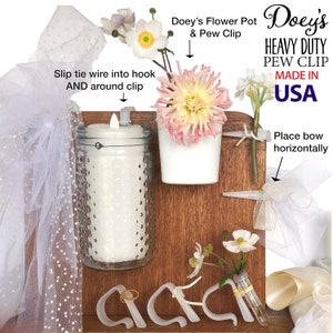 Decorate your wedding aisle by securing flowers and bows to church pews with Doey's Heavy Duty Pew Clips. Attach own and flowers with  pipe cleaners, rubber bands, twine and ribbon easily and quickly