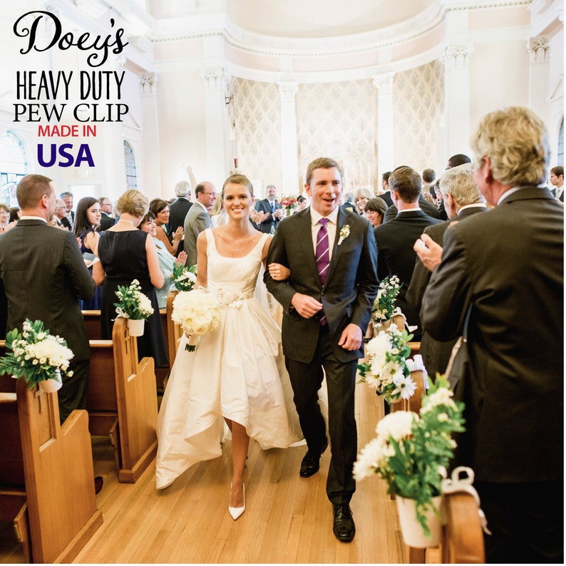 Decorate your wedding aisle by securing flowers and bows to church pews with Doey's Heavy Duty Pew Clips. Attach own and flowers with  pipe cleaners, rubber bands, twine and ribbon easily and quickly