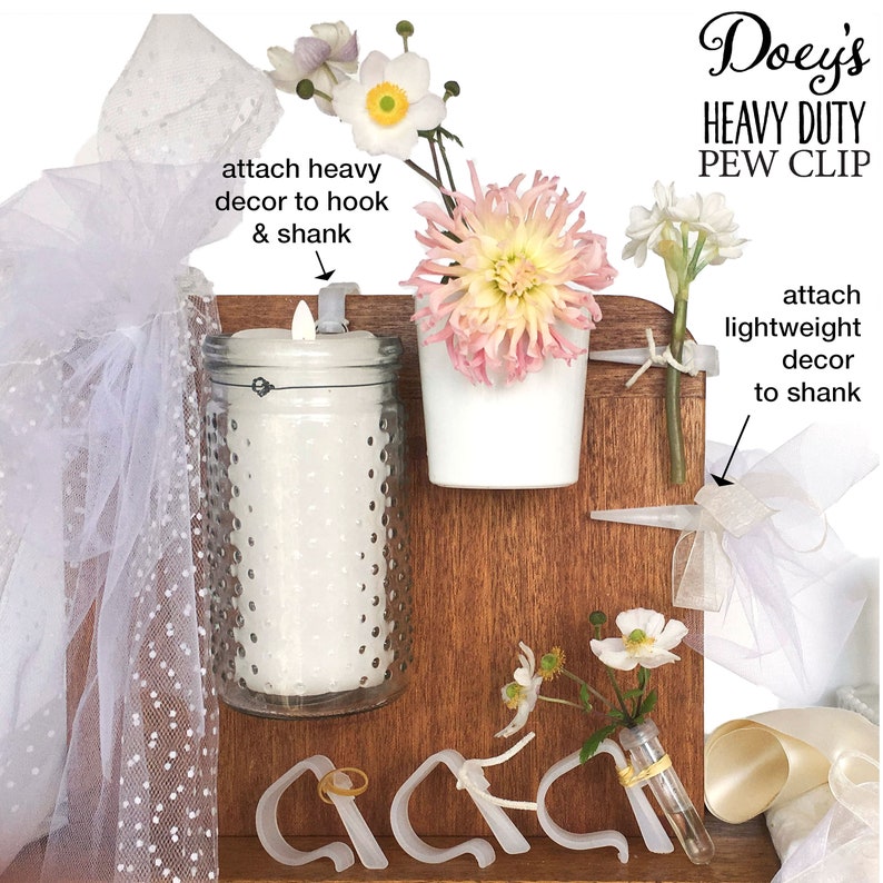12 Pew Clips Doeys Wedding Hooks Attach Chair, Table, Aisle Wedding Decoration, Pew Sign: Reopen Church Service Safely, Tulle Bow, Flowers image 5