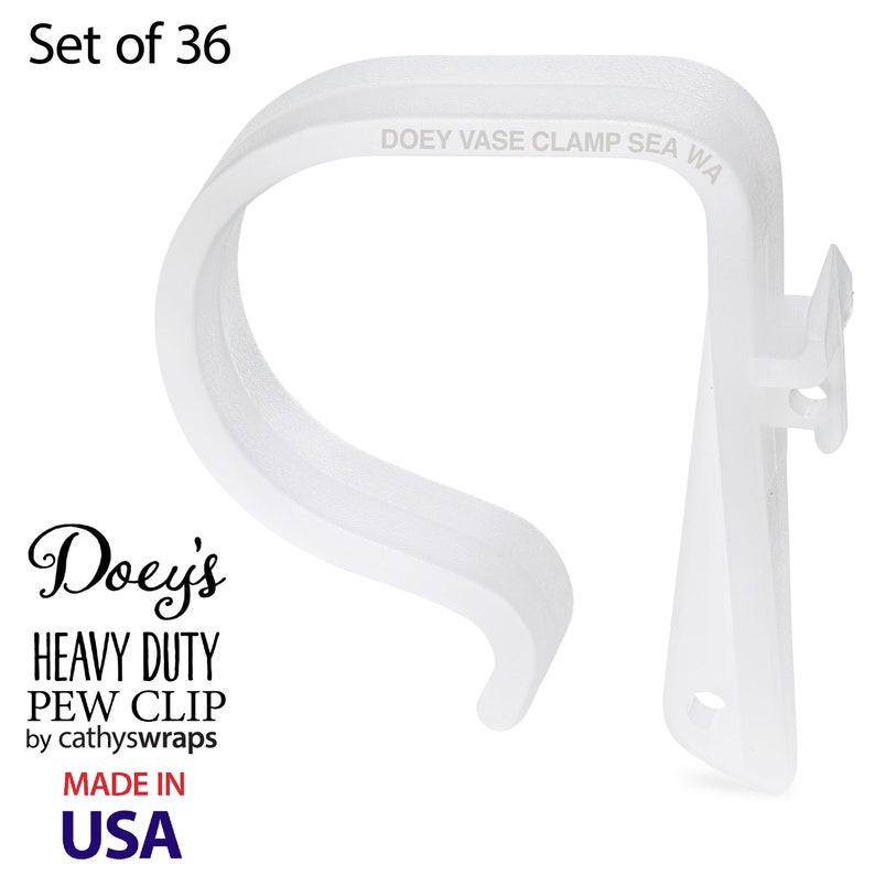 Decorate your wedding aisle by securing flowers and bows to church pews with Doey's Heavy Duty Pew Clips. Attach own and flowers with  pipe cleaners, rubber bands, twine and ribbon easily and quickly