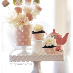24 Tea Cup Cupcake Wraps & Tea Party Decoration. Baby, Bridal Shower and Birthdays. Polka Dot / Floral image 3