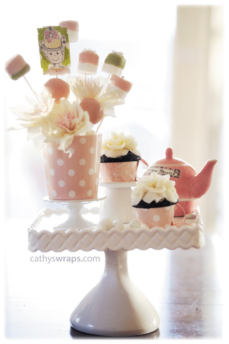 24 Tea Cup Cupcake Wraps & Tea Party Decoration. Baby, Bridal Shower and Birthdays. Polka Dot / Floral image 3