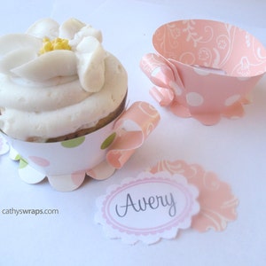 24 Tea Cup Cupcake Wraps & Tea Party Decoration. Baby, Bridal Shower and Birthdays. Polka Dot / Floral image 1