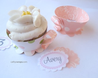 24 Tea Cup Cupcake Wraps & Tea Party Decoration. Baby, Bridal Shower and Birthdays. Polka Dot / Floral