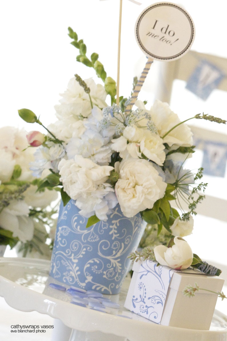 6 Periwinkle Blue Vases & Flower Pots, Flower Centerpiece, Gift Tag, Favo, Polka Dot, Damask, Stripe. Bridal, Baby Shower, Party Decoration image 2