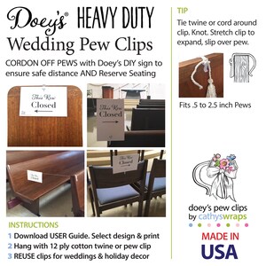 Decorate your wedding aisle by securing flowers and bows to church pews with Doey's Heavy Duty Pew Clips. Attach own and flowers with  pipe cleaners, rubber bands, twine and ribbon easily and quickly