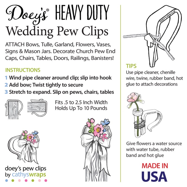 Doey's HEAVY DUTY Pew Clips attach Wedding Aisle Pew Decorations on Pews, Chairs, Tables bows, tulle, aisle markers, Flowers 12 Pew Hooks image 7