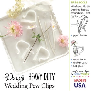 How to secure a variety of wedding flowers and bows to Doeys Heavy Duty Pew Clips with pipe cleaners, rubber bands, twine and ribbon easliy and quickly