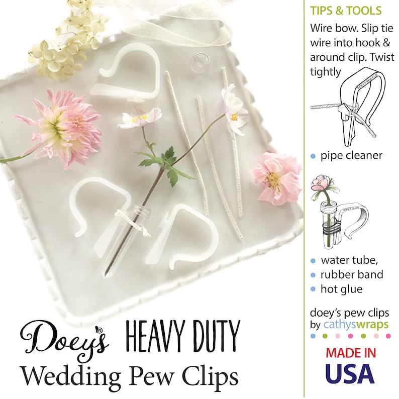 How to secure a variety of wedding flowers and bows to Doeys Heavy Duty Pew Clips with pipe cleaners, rubber bands, twine and ribbon easliy and quickly