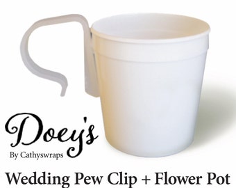 Doey's Pew Clip Wedding Flower Pot Vase Attach Wedding Ceremony Flowers to Church Pew - Set of 6 White Plastic Pots + 6 Pew Clips