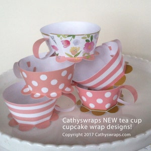 Pink Polka Dot Tea Cup Cupcake Wraps - DIY Tea Party Decoration & Favor - Polka Dot, Damask, Original Watercolor Floral, Stripes - Set of 12