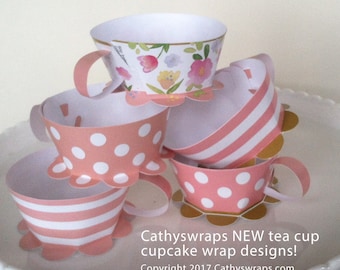 Pink Polka Dot Tea Cup Cupcake Wraps - DIY Tea Party Decoration & Favor - Polka Dot, Damask, Original Watercolor Floral, Stripes - Set of 6