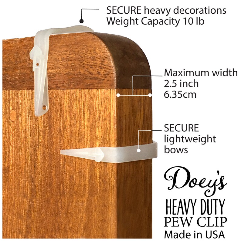 Doey's HEAVY DUTY Pew Clips attach Wedding Aisle Pew Decorations on Pews, Chairs, Tables bows, tulle, aisle markers, Flowers 12 Pew Hooks image 10