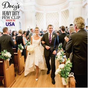 Decorate your wedding aisle by securing flowers and bows to church pews with Doey's Heavy Duty Pew Clips. Attach own and flowers with  pipe cleaners, rubber bands, twine and ribbon easily and quickly