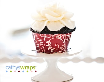 Red Tea Party Tea Cups & Cupcake Wraps Reversible Polka Dot - Damask Pattern DIY Paper KIT Set of 12