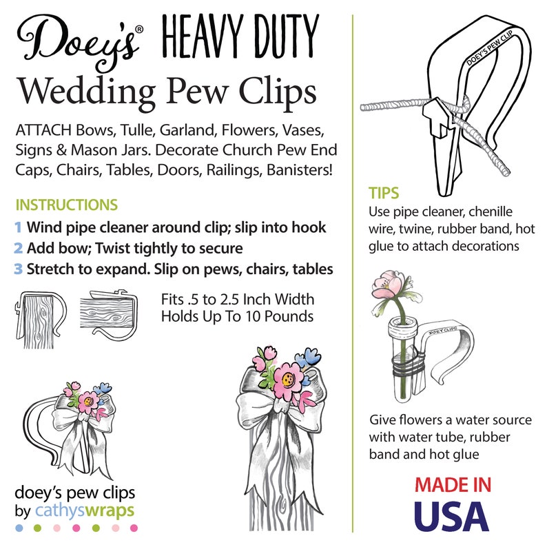 Decorate your wedding aisle by securing flowers and bows to church pews with Doey's Heavy Duty Pew Clips. Attach own and flowers with  pipe cleaners, rubber bands, twine and ribbon easily and quickly