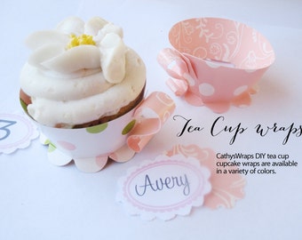 48 TEA CUP Cupcake Wraps - Tea Parties, Polka Dot, Damask, Stripes, DIY, Paper Tea Party Tea cups. Pink, Green, Blue, Burgundy Red Set of 48