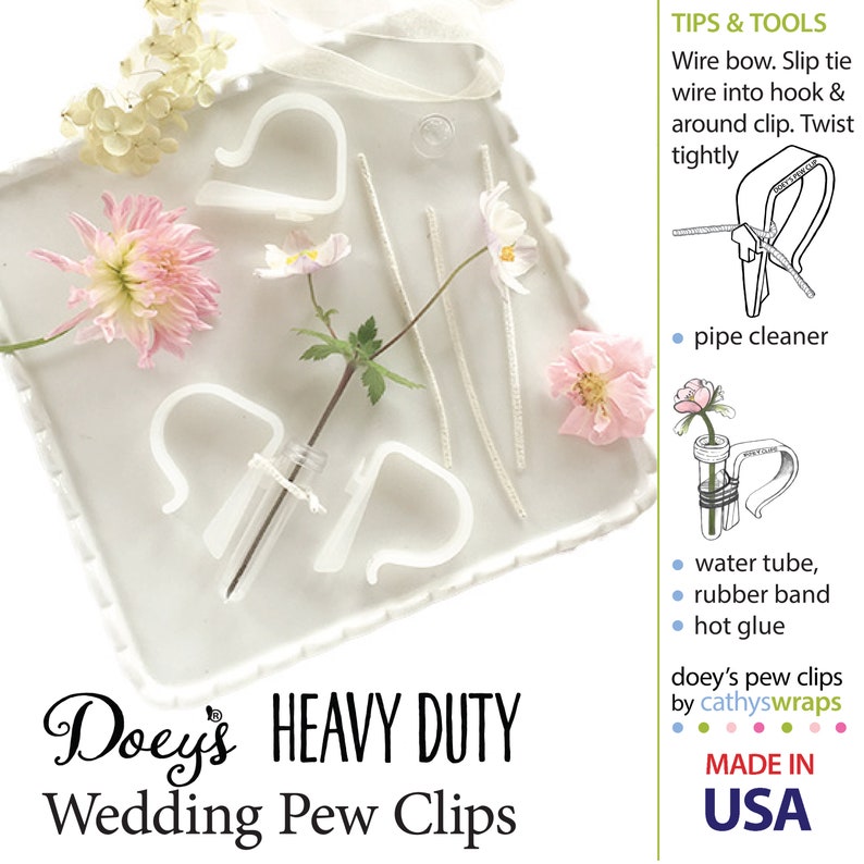 Decorate your wedding aisle by securing flowers and bows to church pews with Doey's Heavy Duty Pew Clips. Attach own and flowers with  pipe cleaners, rubber bands, twine and ribbon easily and quickly