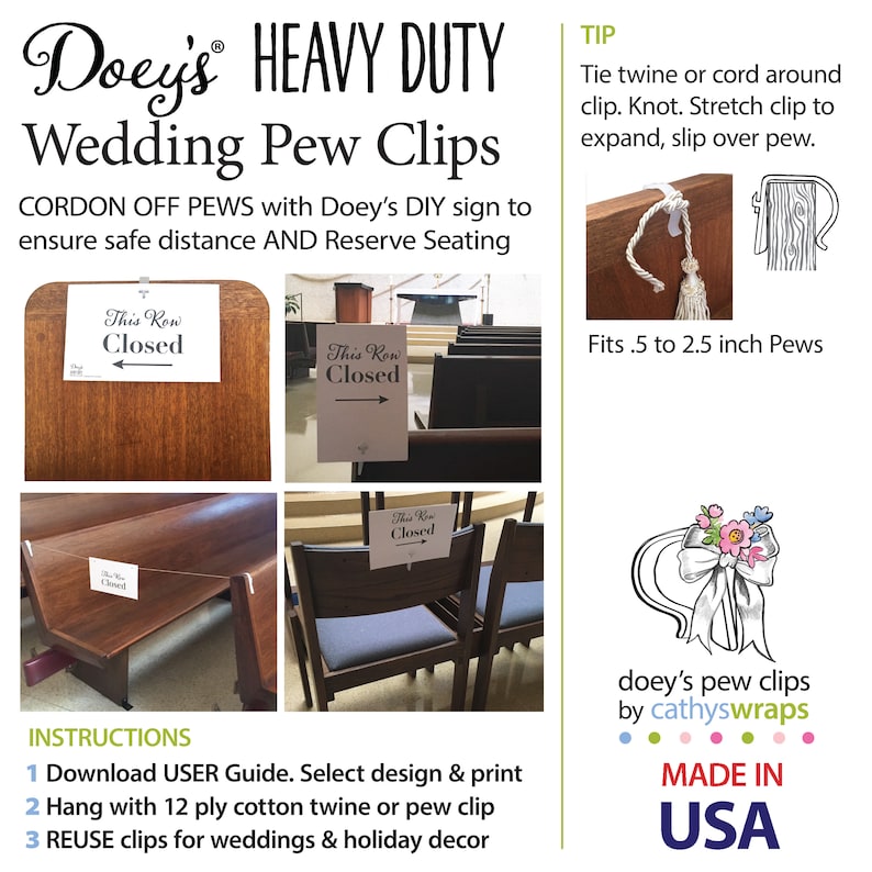 Doey's HEAVY DUTY Pew Clips attach Wedding Aisle Pew Decorations on Pews, Chairs, Tables bows, tulle, aisle markers, Flowers 24 Pew Hooks image 10