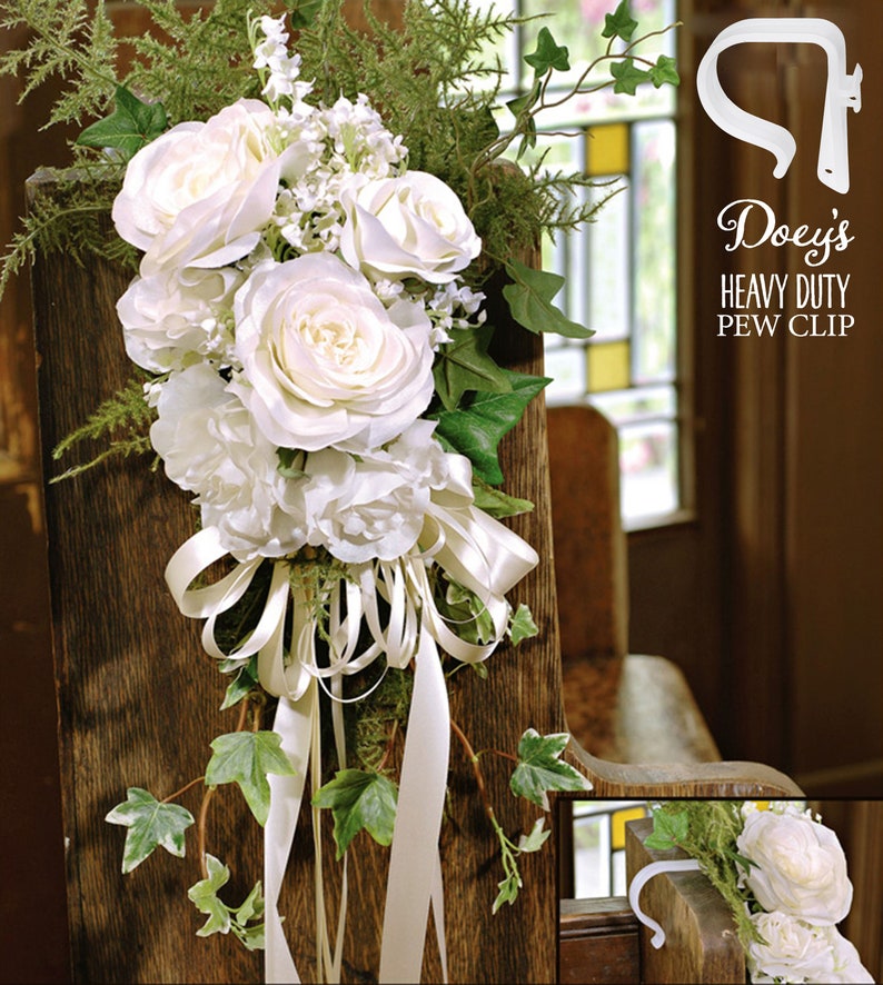 Decorate your wedding aisle by securing flowers and bows to church pews with Doey's Heavy Duty Pew Clips. Attach own and flowers with  pipe cleaners, rubber bands, twine and ribbon easily and quickly